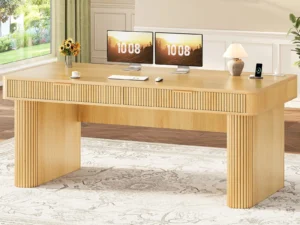 SEDETA Office Desk with 2 Drawers, 59" Fluted Computer Desk with Storage and Power Strip, Wood Executive Desk, Writing Desk for Home Office, Living Room, Bedroom, Oak