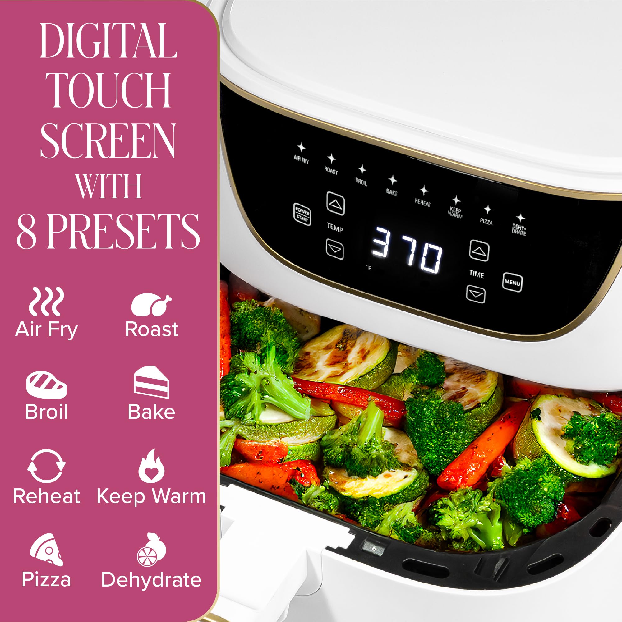 Paris Hilton Air Fryer, Large 6-Quart Capacity, Nonstick Made without PFAS, Touchscreen Display, 8-in-1 (Air Fry, Roast, Broil, Bake, Reheat, Keep Warm, Pizza, Dehydrate), Dishwasher Safe, White - Image 7
