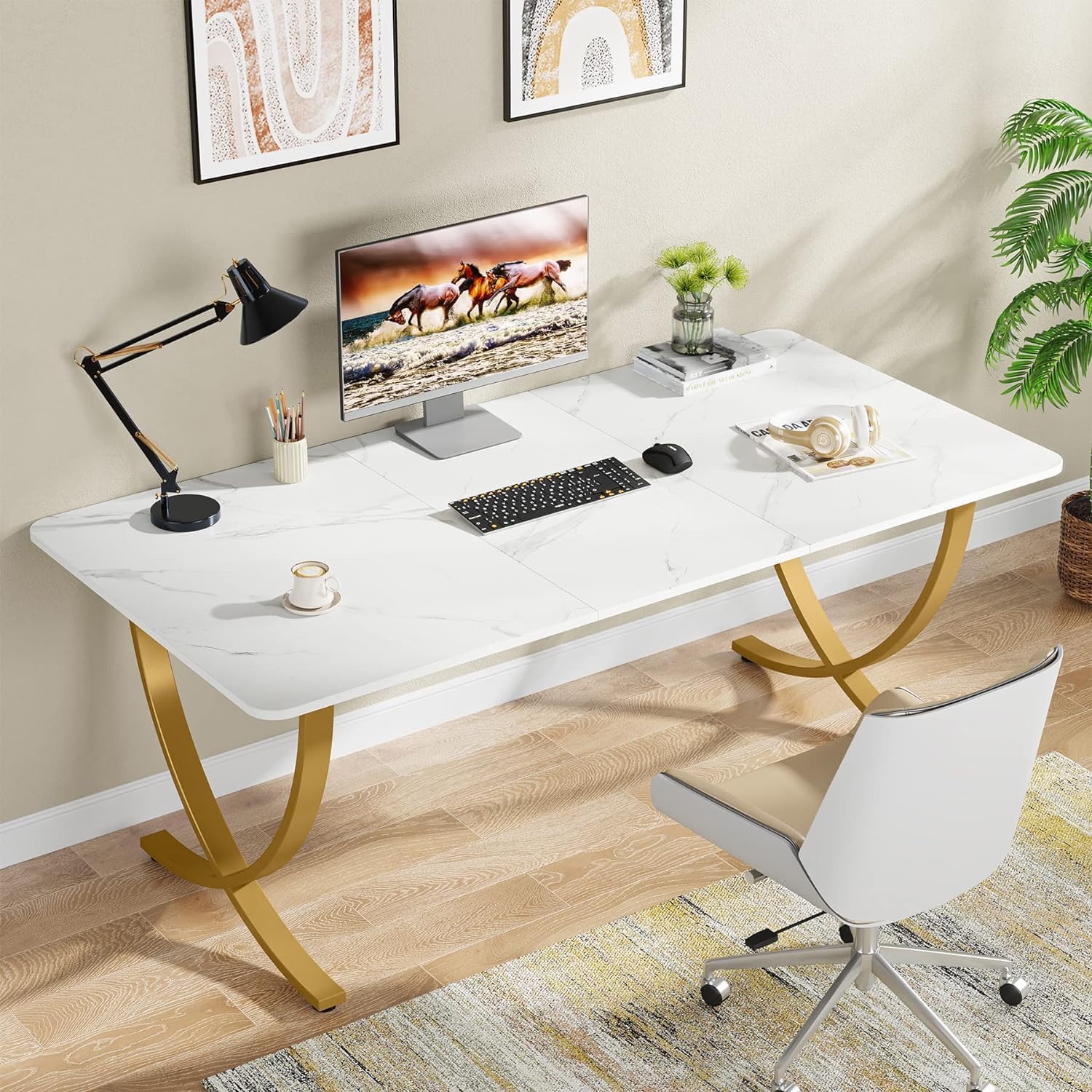 Tribesigns Executive Desk, 63” W x 31.5” D Large Office Desk, Modern Computer Desk Conference Table Meeting Room Table, Business Furniture for Home Office, White and Gold - Image 8