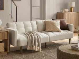 mopio 76.4" Futon Sofa Bed, Couch, Loveseat, Sleeper Sofa, Mid Century Modern Futon Couch, Sofa Cama, Couches for Living Room (Aaron, Pearl White Boucle)