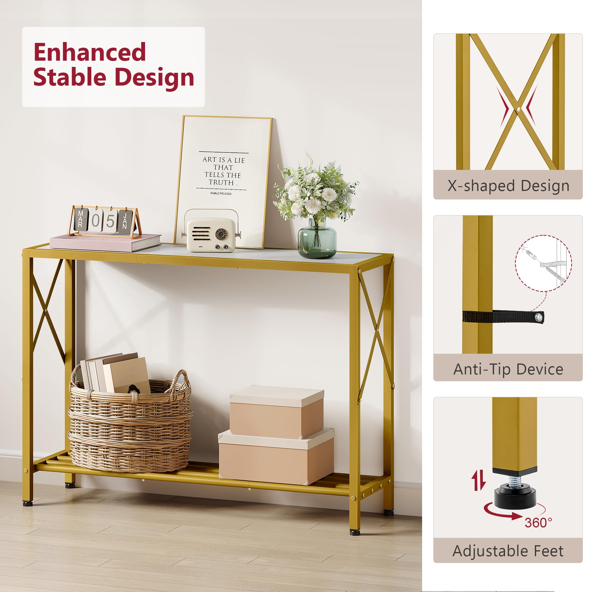 Stunning Gold White 2 Tier Entryway Console Table with Shelves 41.8 Inch Narrow Sofa Table - Image 3