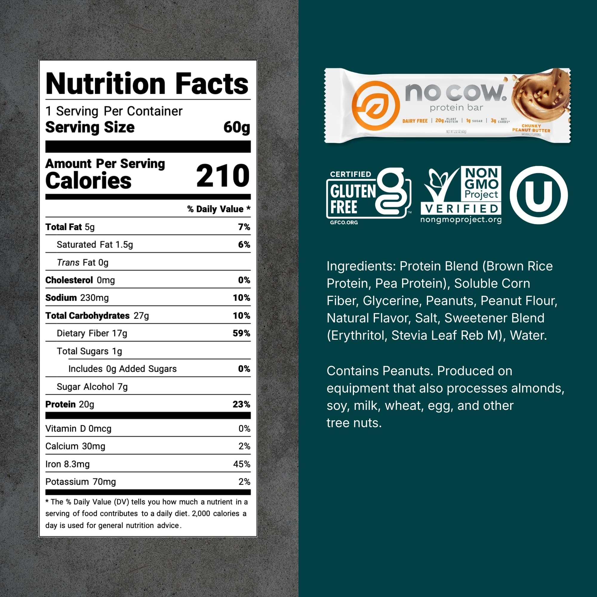 No Cow Vegan Protein Bars, Upgraded Chunky Peanut Butter | 20g Plant Based Protein, Gluten Free, Dairy Free, Soy Free, Keto Friendly, Low Sugar, High Fiber Snack Bars | Pack of 12 - Image 6