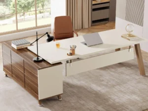 Tribesigns 78.7-Inch Executive Desk, L-Shaped Desk with 55-Inch Cabinet, Large Office Desk with Storage Shelves, Modern Computer Desk for Home Office, White & Walnut