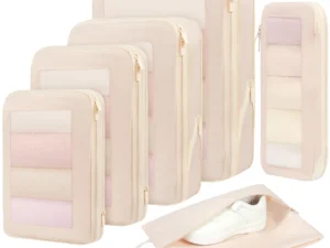 BAGAIL 4 Set/6 Set/8 Set Compression Packing Cubes Travel Accessories Expandable Packing Organizers (Square Mesh, 05-Cream)