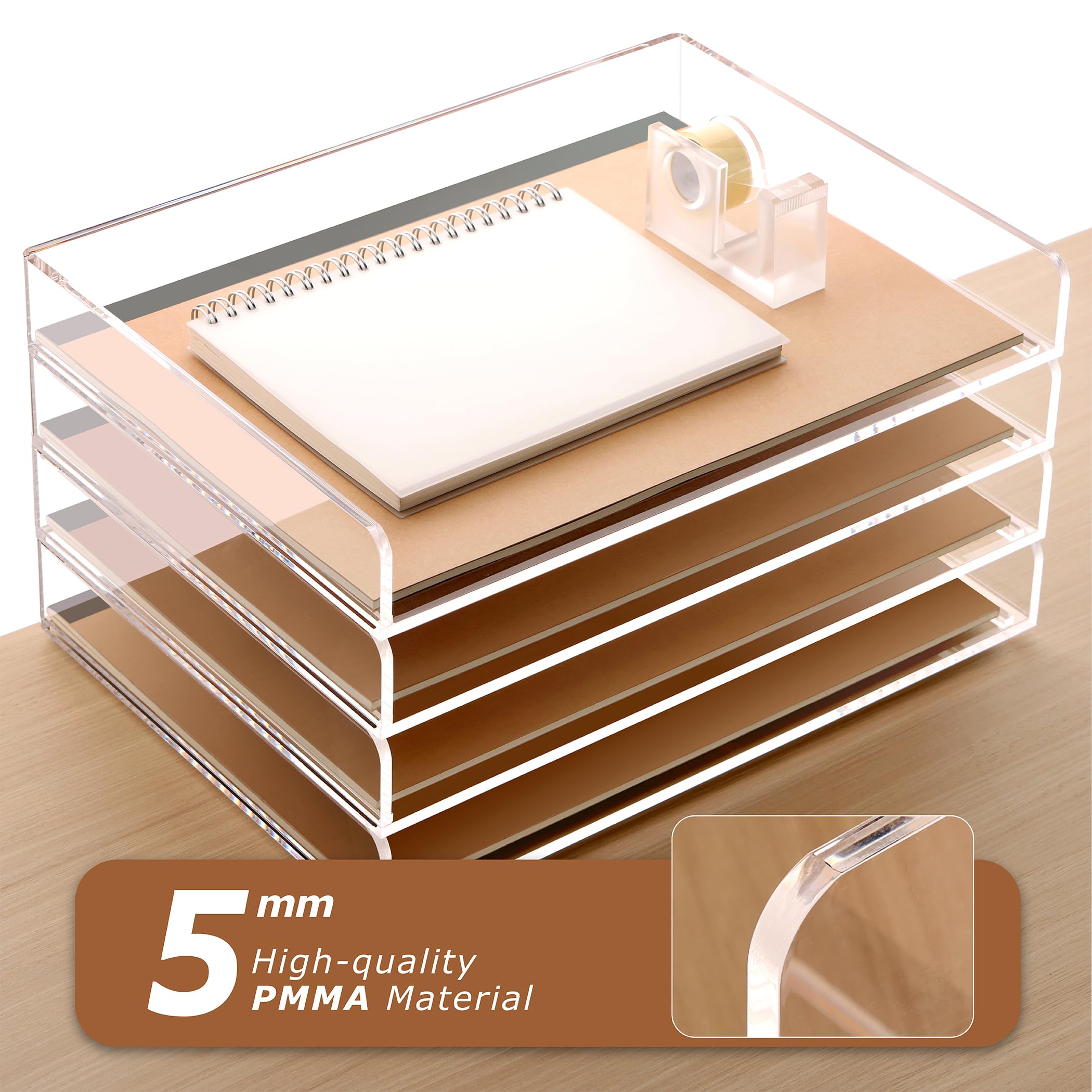 SANRUI 4 Tier Clear Desk Paper Letter Organizer Trays, A4 Stackable File Document Tray, Acrylic Desk Organizers and Accessories Sorter, Workspace Office Supplies Organizers,12.4inx8.86inx6.64in - Image 6