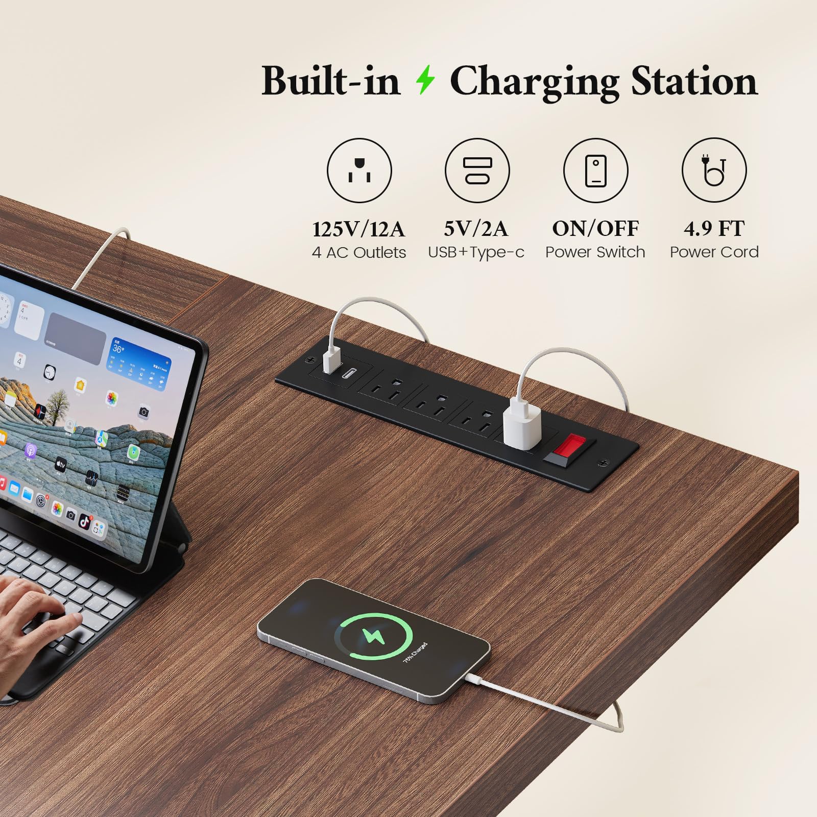 ANGRYWIN 63 Inch Executive Desk with Power Outlet, Modern Computer Office Desks, Large Laptop Desk Writing Table Workstation Business Furniture for Home Office, Brown - Image 8