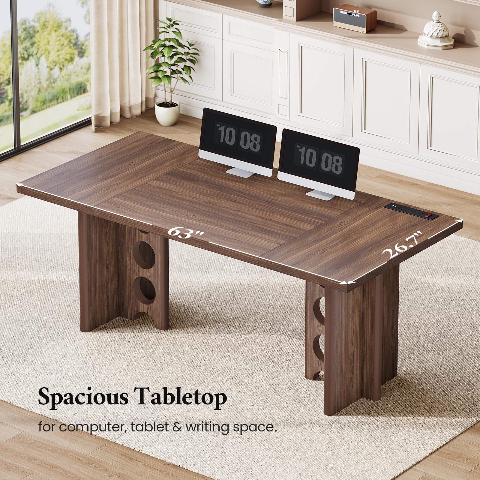 ANGRYWIN 63 Inch Executive Desk with Power Outlet, Modern Computer Office Desks, Large Laptop Desk Writing Table Workstation Business Furniture for Home Office, Brown - Image 7