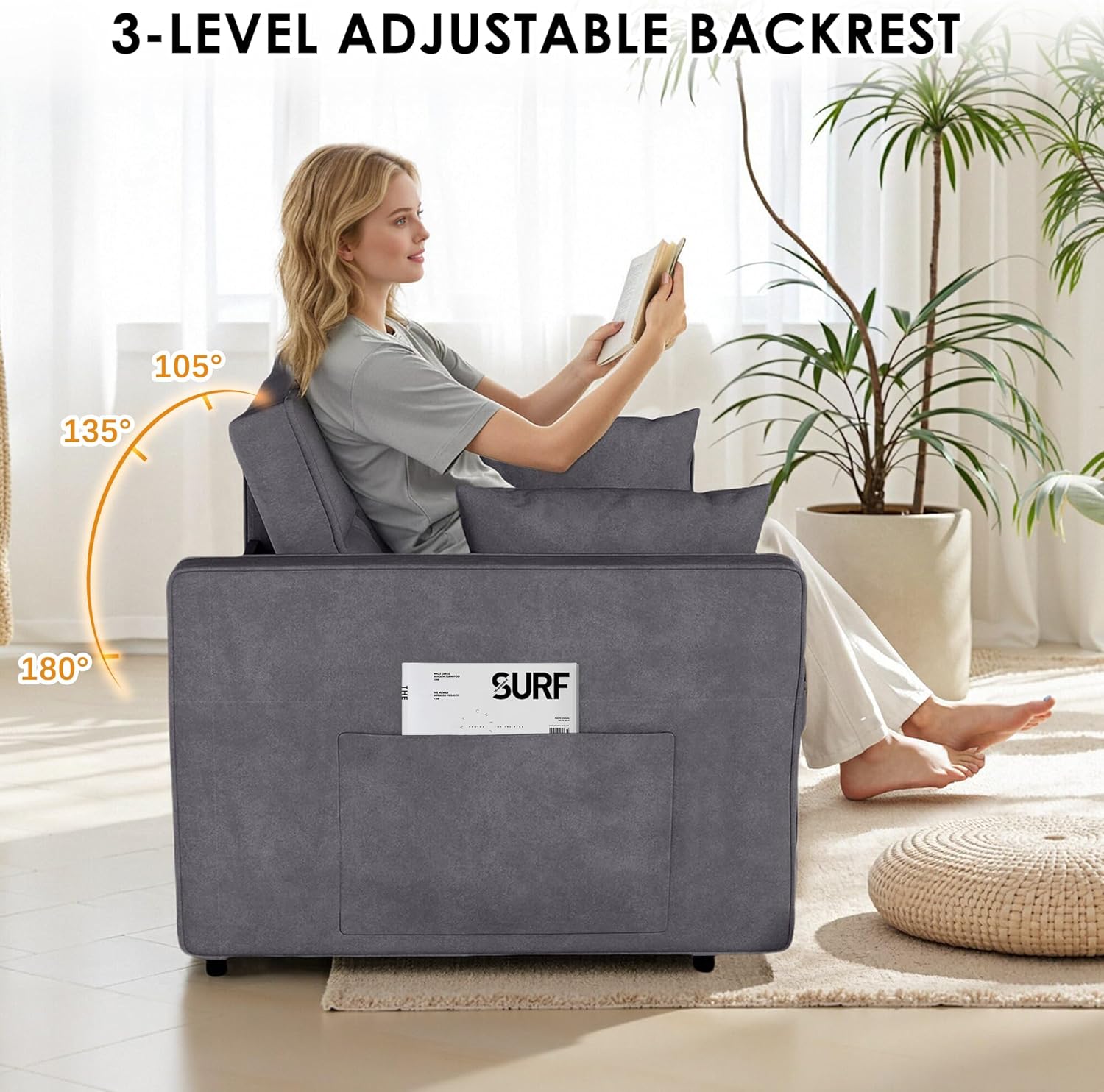 55 Inch Velvet Convertible Sleeper Sofa Bed with Adjustable Backrest & Storage - Image 7