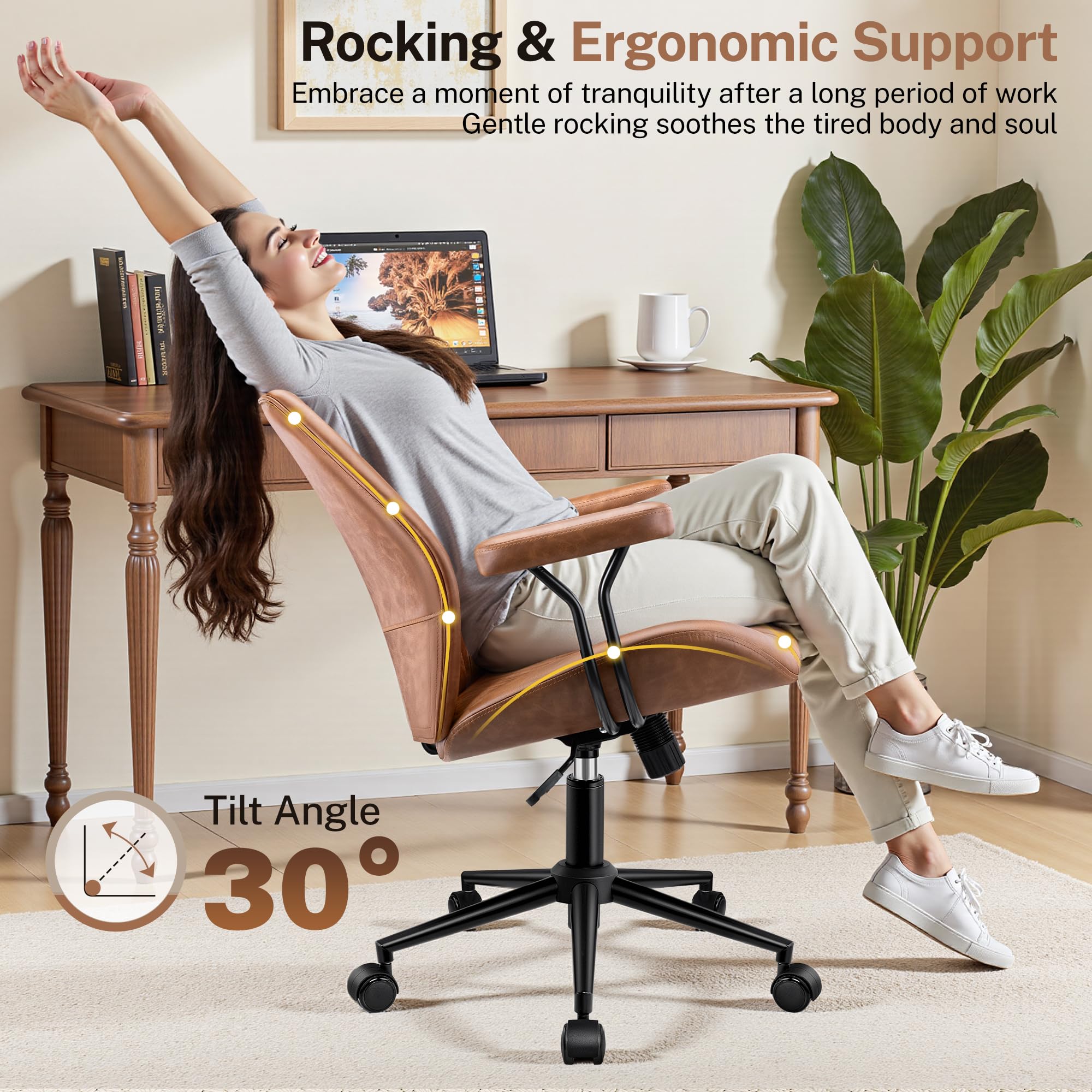 HeroSet Leather Office Chair with Removable Armrests, Mid Back Ergonomic Desk Chair with Lumbar Support, Adjustable Height Rocking Swivel Executive Chair for Home Office, Brown - Image 5