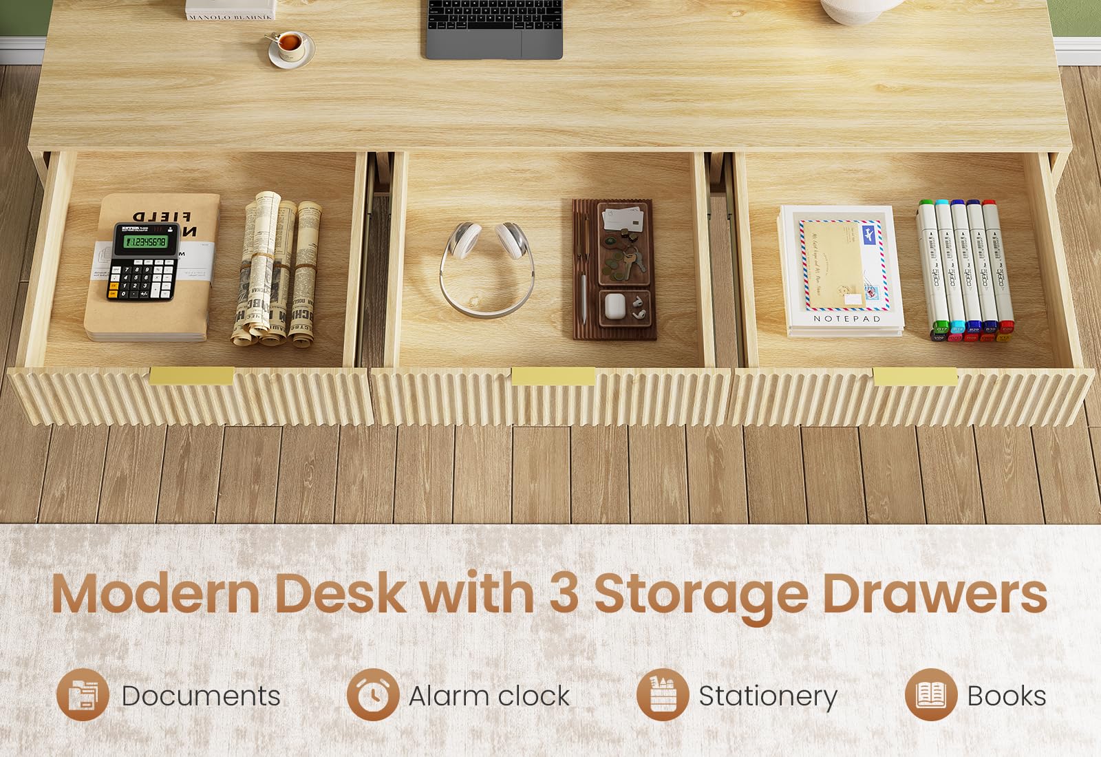 SEDETA 55" Executive Office Desk with 3 Drawers, Home Office Desk with Storage Drawers, Computer Writing Desk Study Table, Natural Oak - Image 5