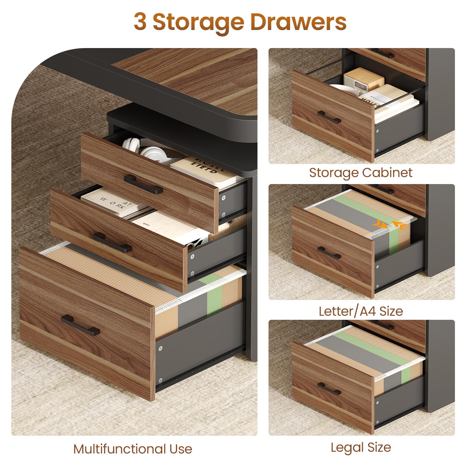Itaar 70.9" Executive Desk, Large Computer Desk with Drawers and Lateral File Cabinet, Office Desk with Removable Shelves, Business Furniture Desk Workstation for Home Office, Walnut - Image 6