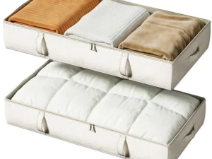 Vailando Side-Supported Under Bed Storage Containers, 6 Inches Tall 60L Underbed Storage Bins with Sturdy Handles and Sidewalls, Closet Organizer for Clothes, Blankets, Seasonal Items, Beige, 2-Pack