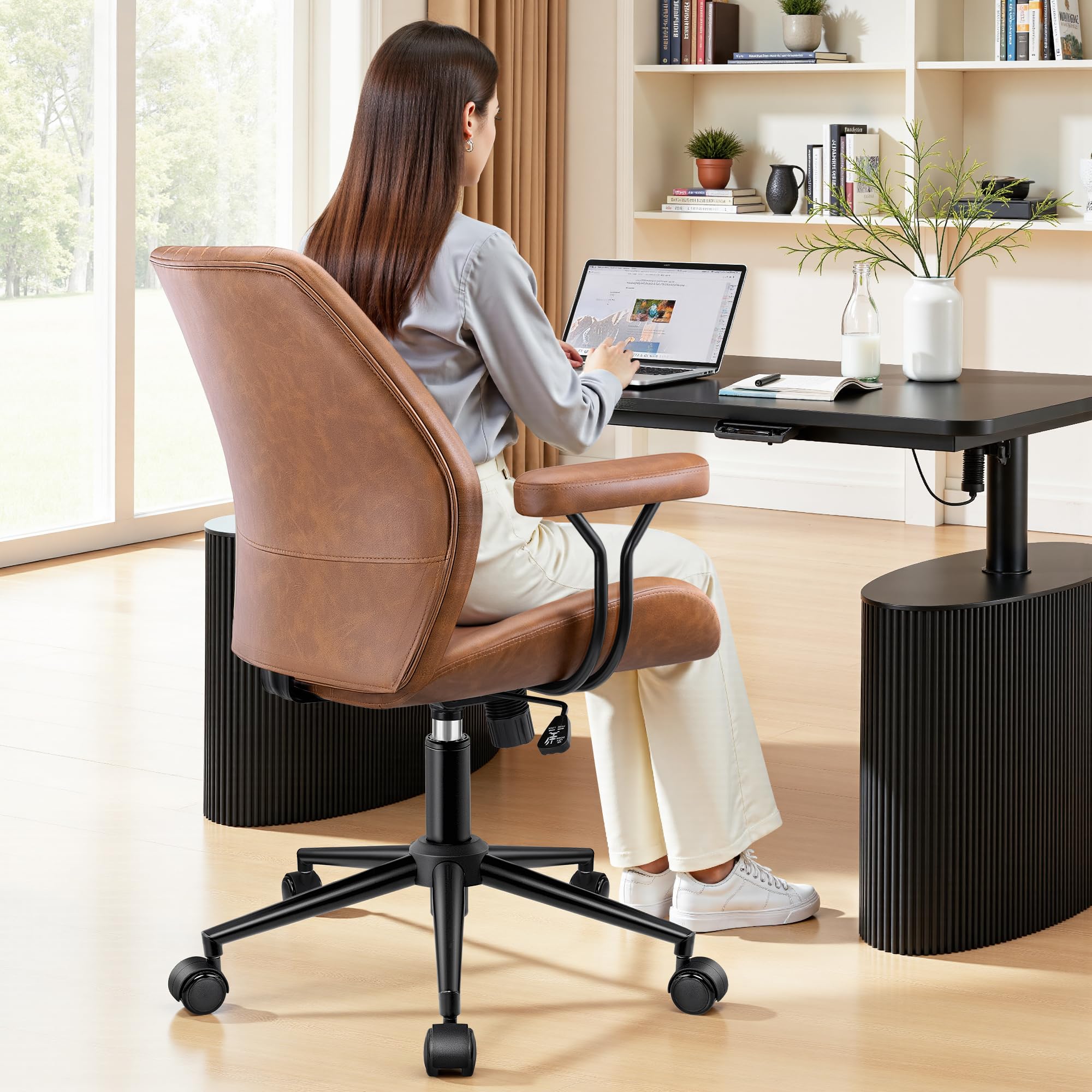 HeroSet Leather Office Chair with Removable Armrests, Mid Back Ergonomic Desk Chair with Lumbar Support, Adjustable Height Rocking Swivel Executive Chair for Home Office, Brown - Image 2