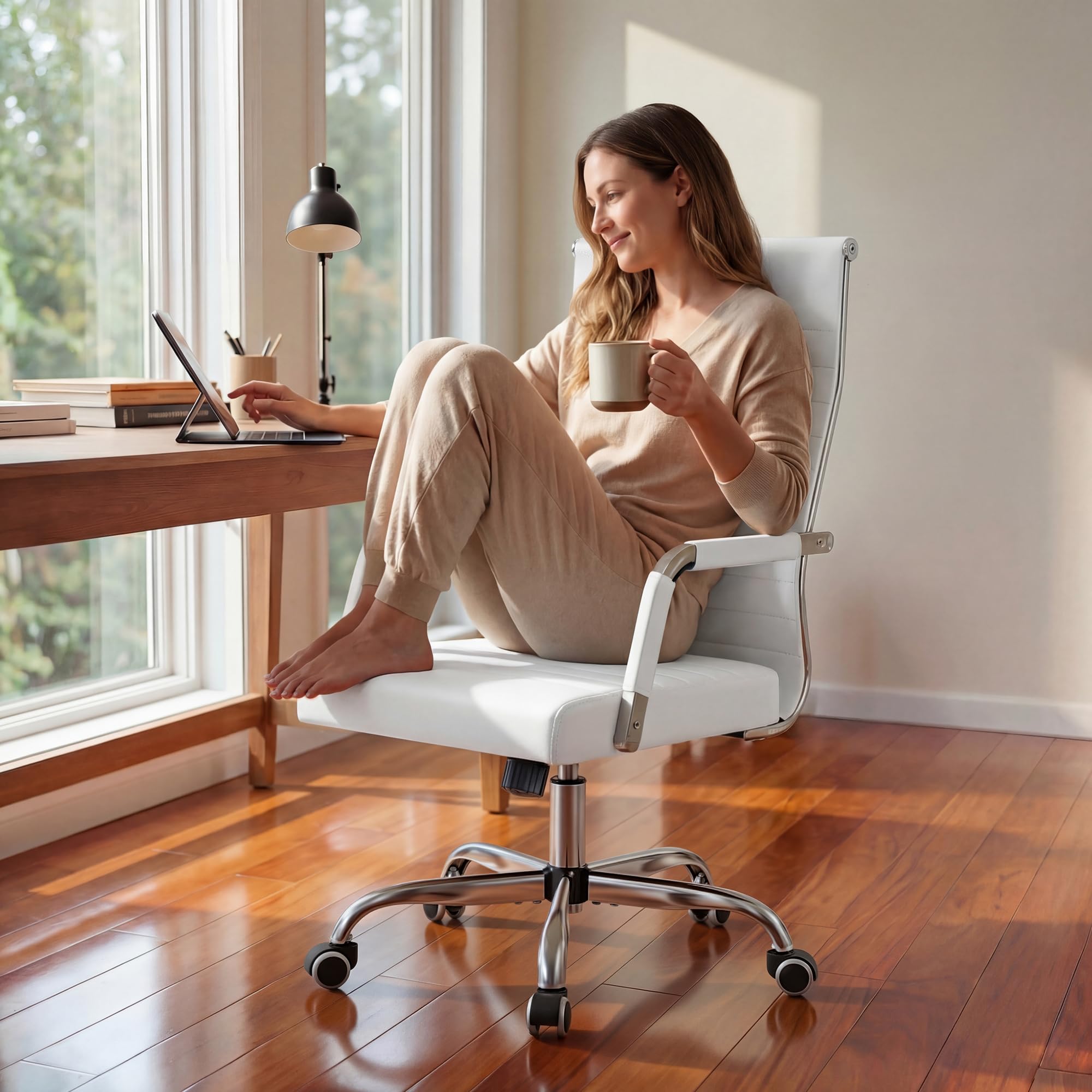 Furmax Ergonomic Office Desk Chair, Executive Ribbed Mid-Back PU Leather Conference Room Chair Adjustable Swivel Chair with Arms (1, White) - Image 2