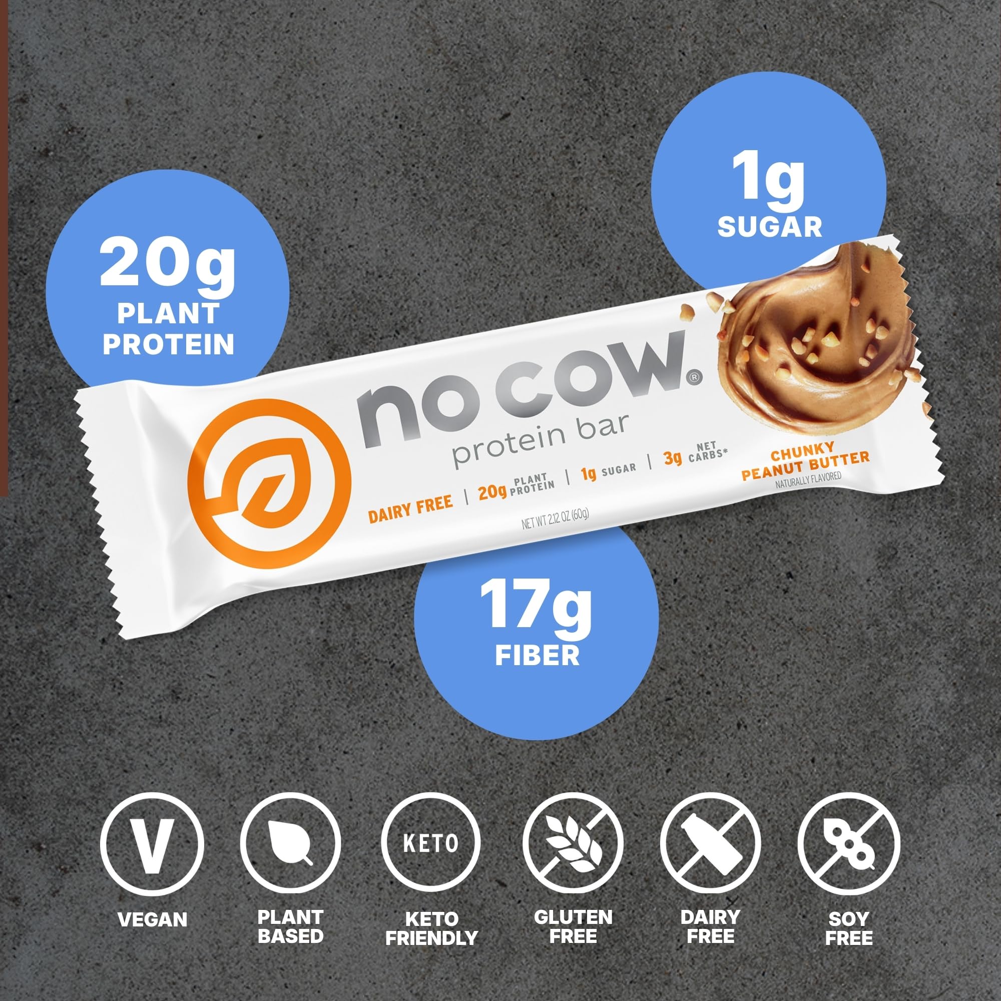 No Cow Vegan Protein Bars, Upgraded Chunky Peanut Butter | 20g Plant Based Protein, Gluten Free, Dairy Free, Soy Free, Keto Friendly, Low Sugar, High Fiber Snack Bars | Pack of 12 - Image 5