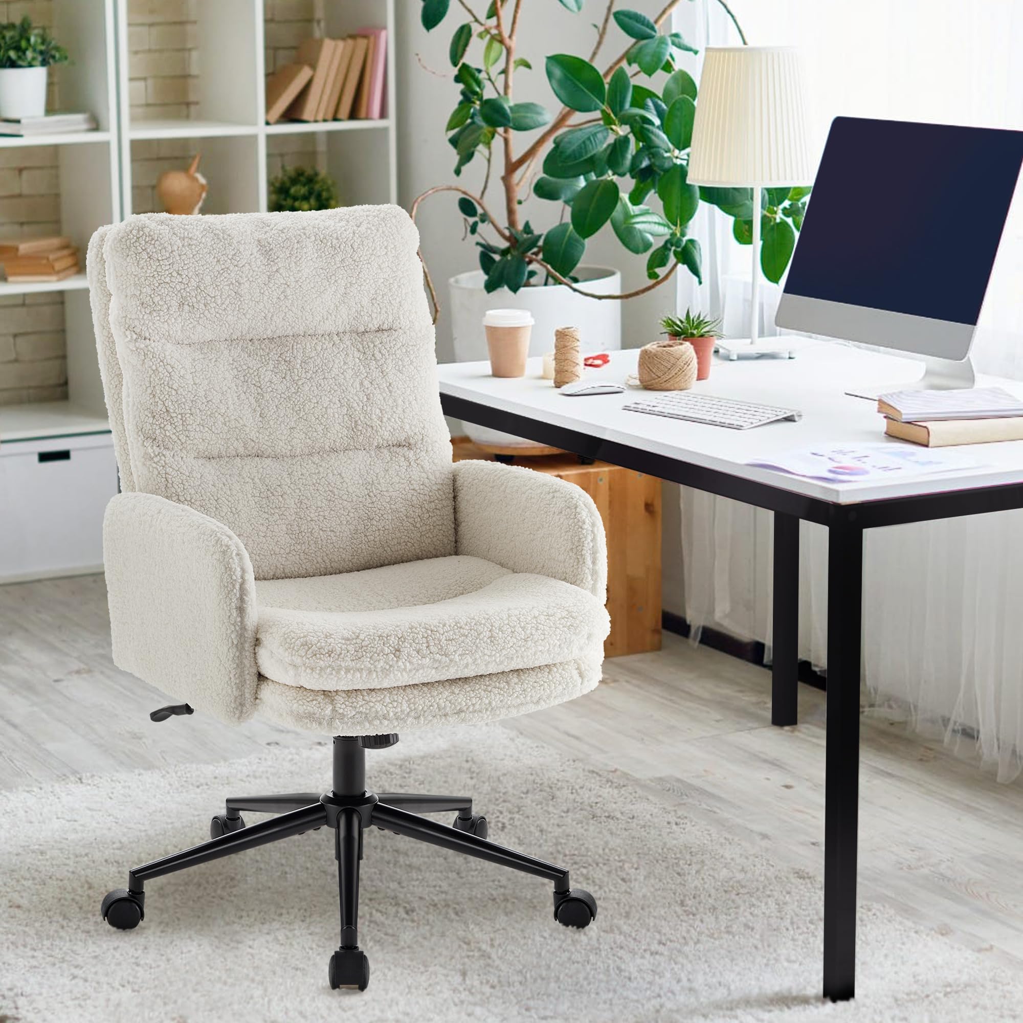 IWMH High-Back Home Office Chair,Upholstered Desk Chair with Armrests,Height Adjustable Armchair with Wheels, Swivel Office Desk Chair, Ergonomic Computer Task Chair, Leisure Armchair Cashmere(White) - Image 9