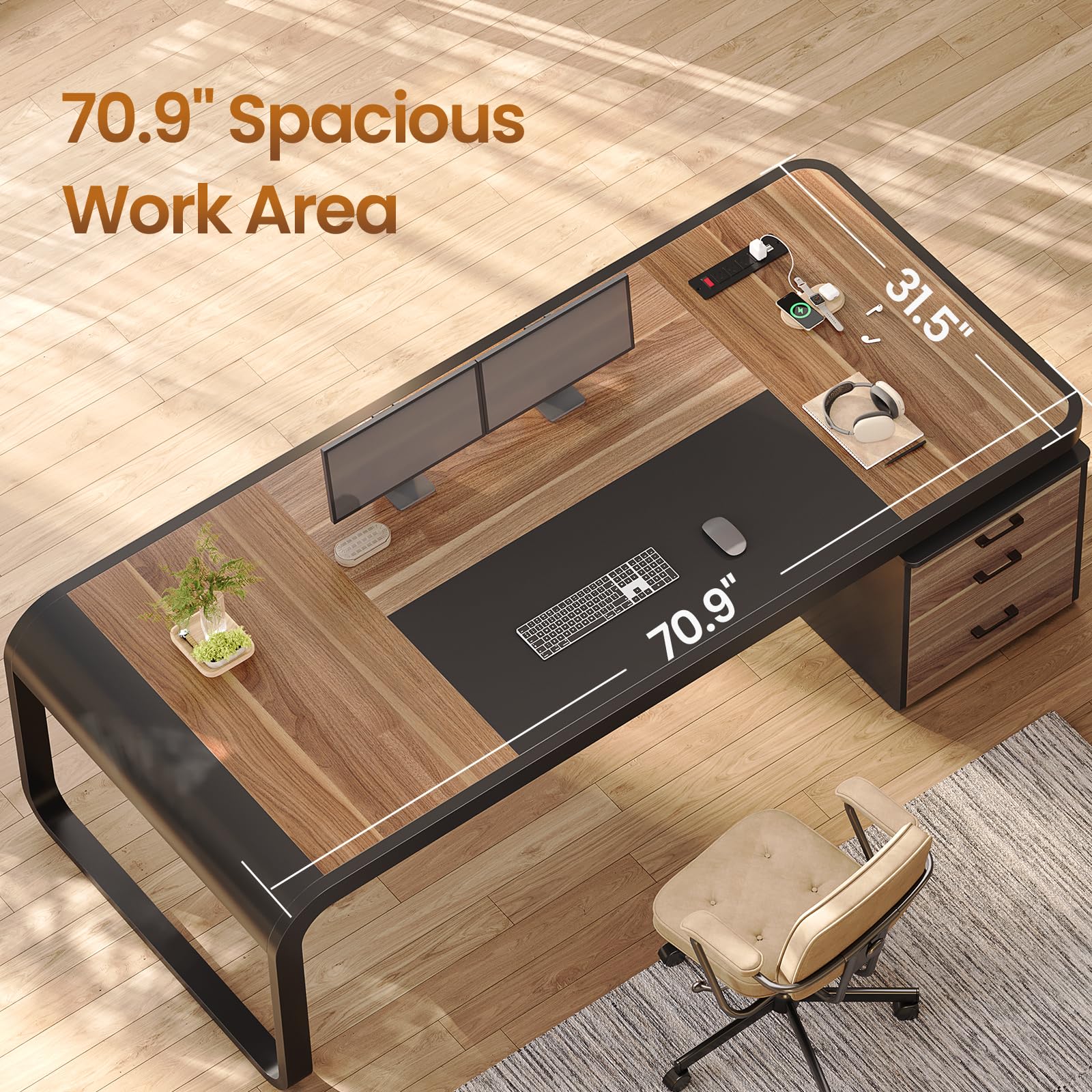 Itaar 70.9" Executive Desk, Large Computer Desk with Drawers and Lateral File Cabinet, Office Desk with Removable Shelves, Business Furniture Desk Workstation for Home Office, Walnut - Image 8