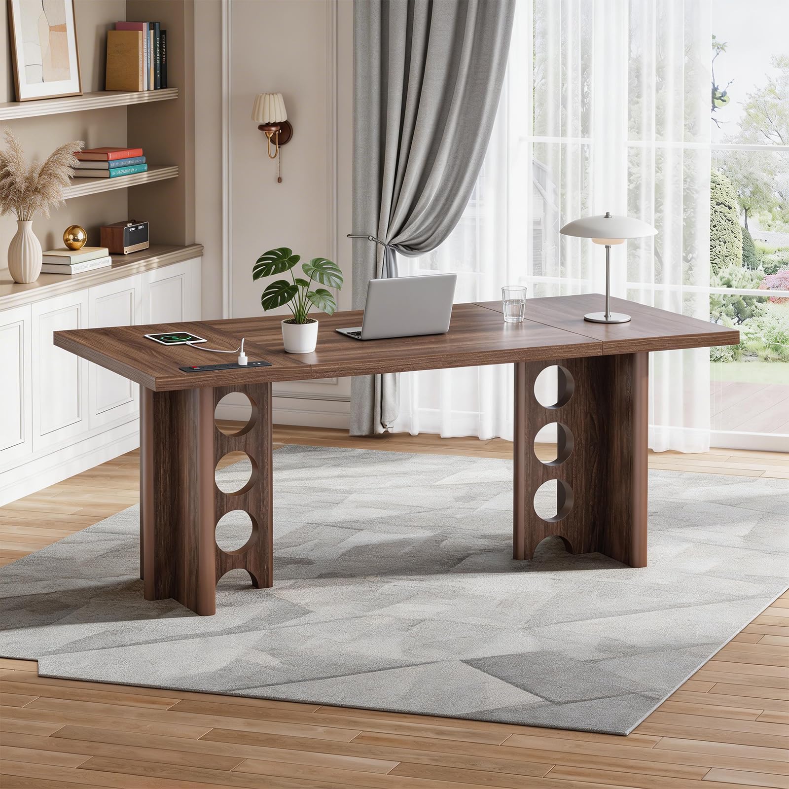 ANGRYWIN 63 Inch Executive Desk with Power Outlet, Modern Computer Office Desks, Large Laptop Desk Writing Table Workstation Business Furniture for Home Office, Brown - Image 3