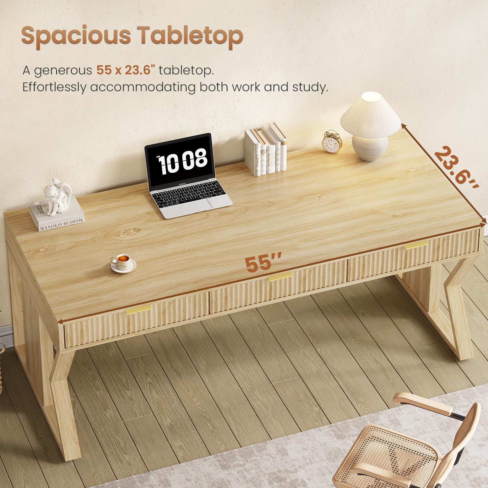 SEDETA 55" Executive Office Desk with 3 Drawers, Home Office Desk with Storage Drawers, Computer Writing Desk Study Table, Natural Oak - Image 4