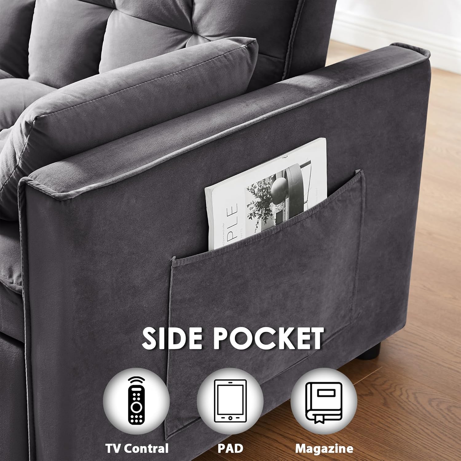 55 Inch Velvet Convertible Sleeper Sofa Bed with Adjustable Backrest & Storage - Image 6