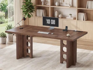 ANGRYWIN 63 Inch Executive Desk with Power Outlet, Modern Computer Office Desks, Large Laptop Desk Writing Table Workstation Business Furniture for Home Office, Brown