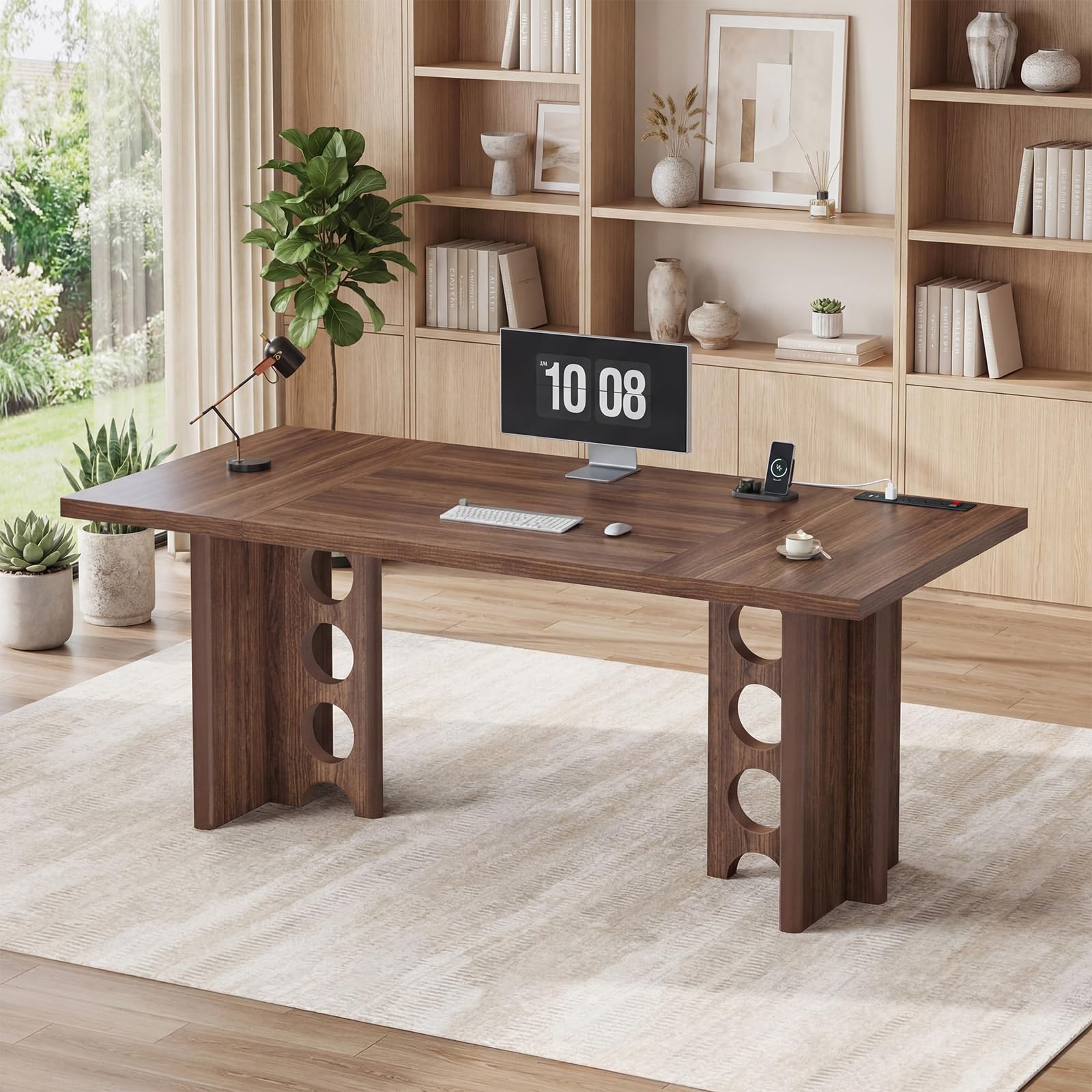 ANGRYWIN 63 Inch Executive Desk with Power Outlet, Modern Computer Office Desks, Large Laptop Desk Writing Table Workstation Business Furniture for Home Office, Brown