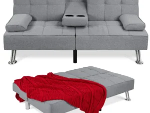 Best Choice Products Linen Modern Folding Futon, Reclining Sofa Bed for Apartment, Dorm w/Removable Armrests, 2 Cupholders - Gray