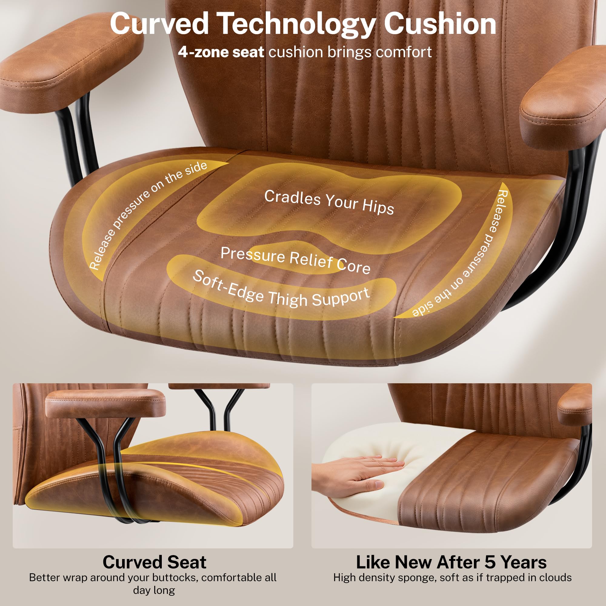 HeroSet Leather Office Chair with Removable Armrests, Mid Back Ergonomic Desk Chair with Lumbar Support, Adjustable Height Rocking Swivel Executive Chair for Home Office, Brown - Image 6