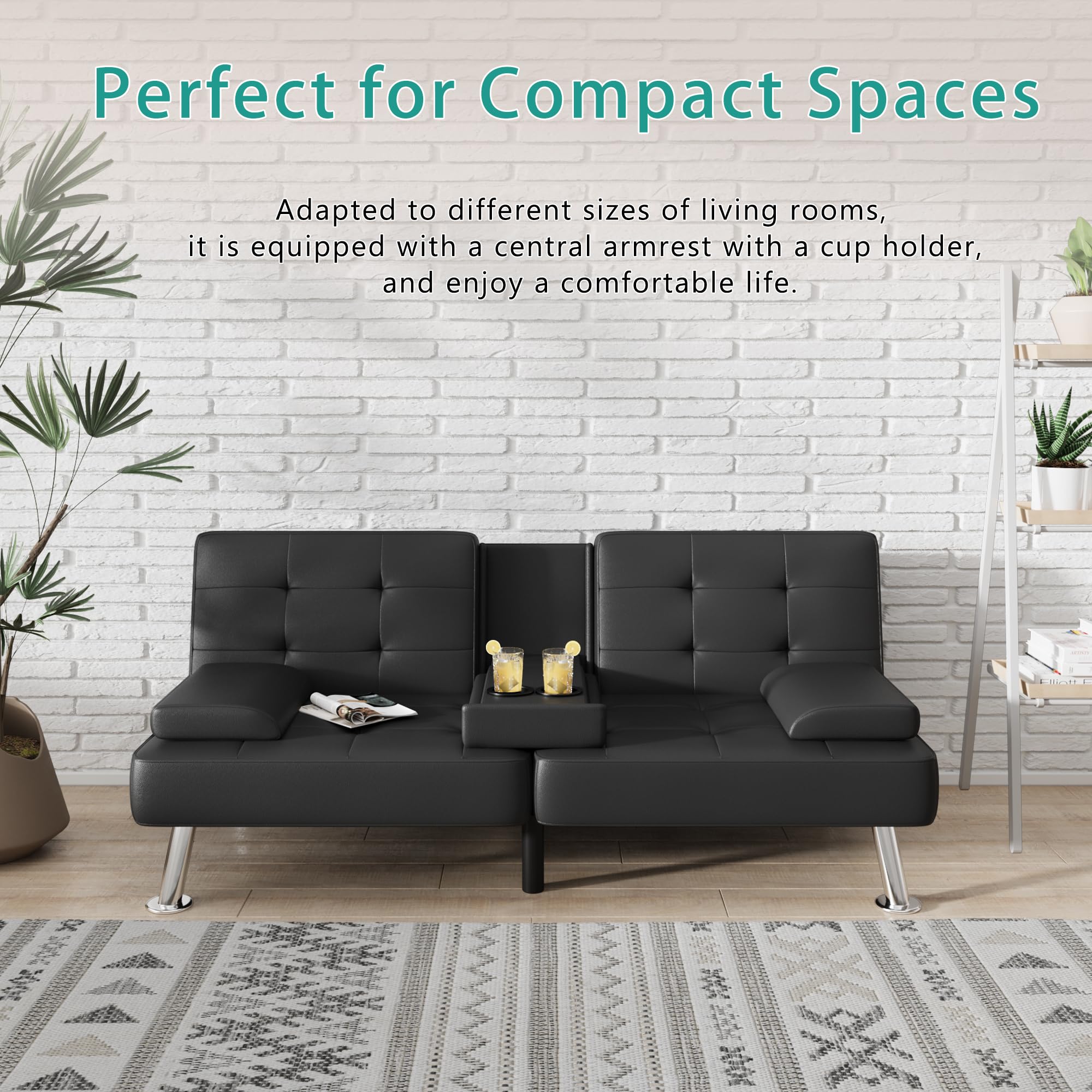 Flamaker Futon Sofa Bed Modern Folding Futon Set Convertible Recliner Lounge for Living Room with 2 Cup Holders, Removable Armrests (PU Leather, Black) - Image 4