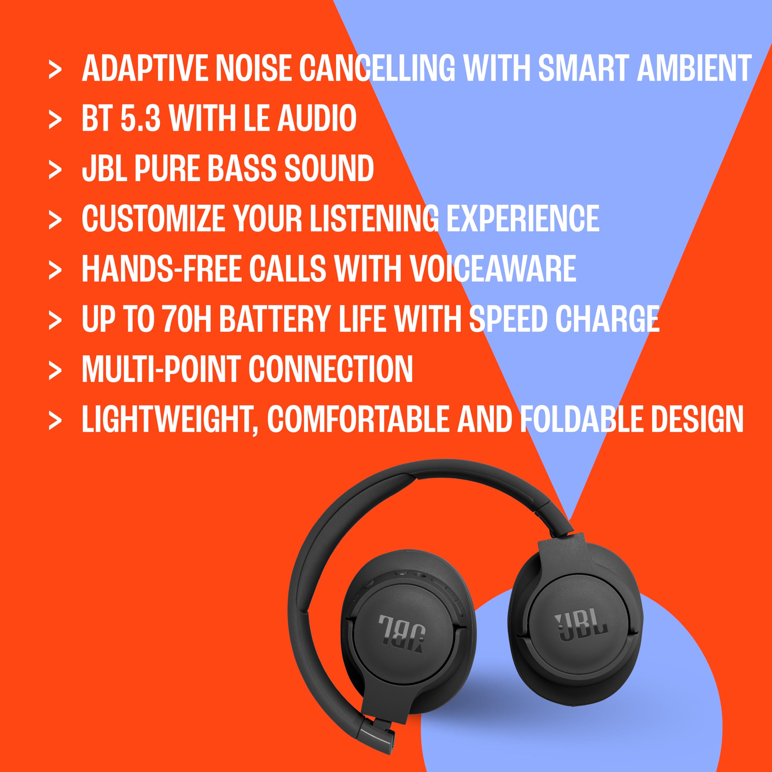 JBL Tune 770NC - Adaptive Noise Cancelling with Smart Ambient Wireless Over-Ear Headphones, Bluetooth 5.3, Up to 70H Battery Life with Speed Charge, Lightweight, Comfortable & Foldable Design (Black) - Image 2