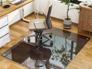 GLSLAND 46" × 55" [Tempered Glass] Chair Mat – Durable Office Chair Mat on Carpet with 0.2" Thickness, 4 Non‑Slip Pads, Sleek & Sturdy Matte Gray Finish, Smooth Glide & Easy Clean, Blue & Grey