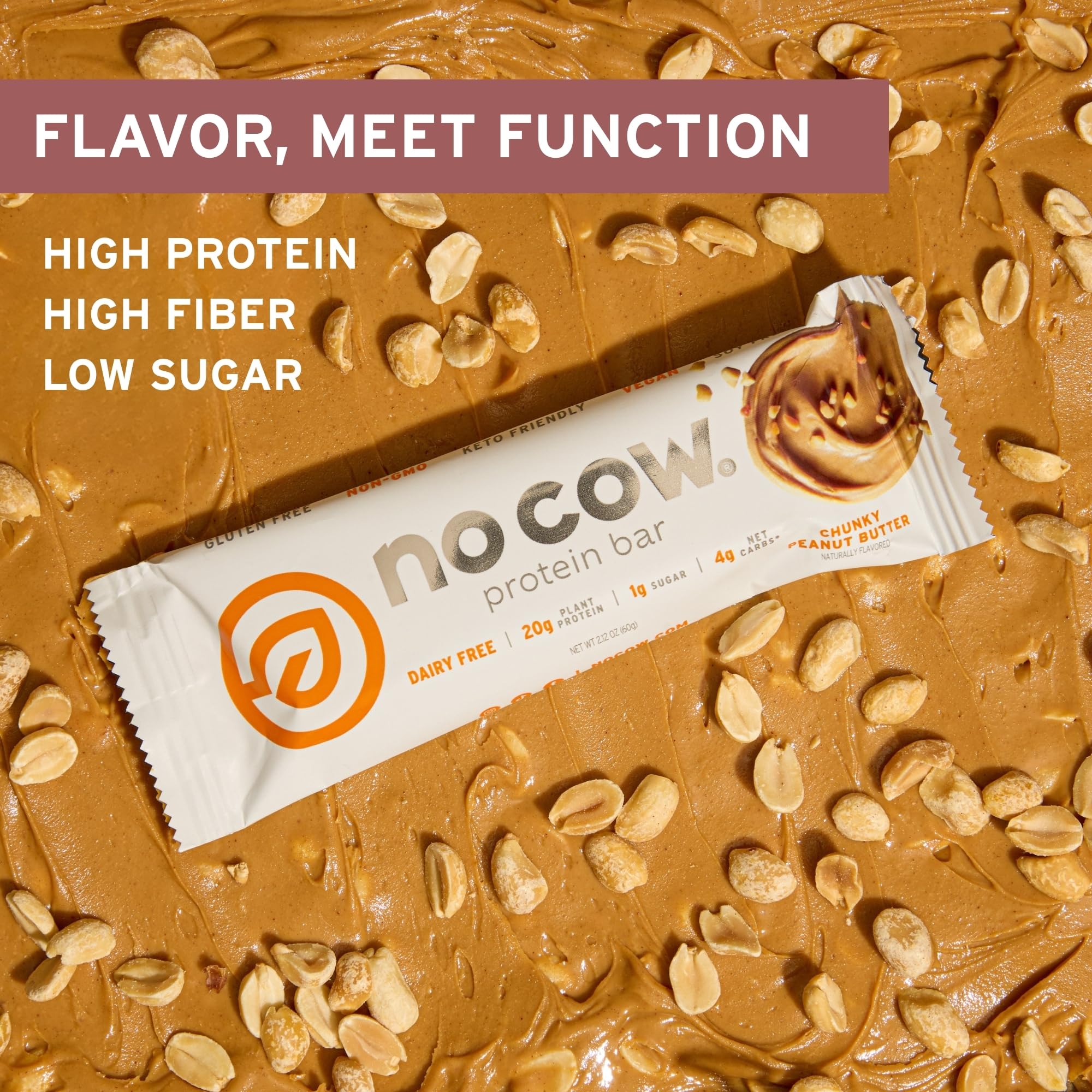 No Cow Vegan Protein Bars, Upgraded Chunky Peanut Butter | 20g Plant Based Protein, Gluten Free, Dairy Free, Soy Free, Keto Friendly, Low Sugar, High Fiber Snack Bars | Pack of 12 - Image 4