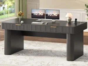 SEDETA Office Desk with 2 Drawers, 59" Fluted Computer Desk with Storage and Power Strip, Wood Executive Desk, Writing Desk for Home Office, Living Room, Bedroom, Black