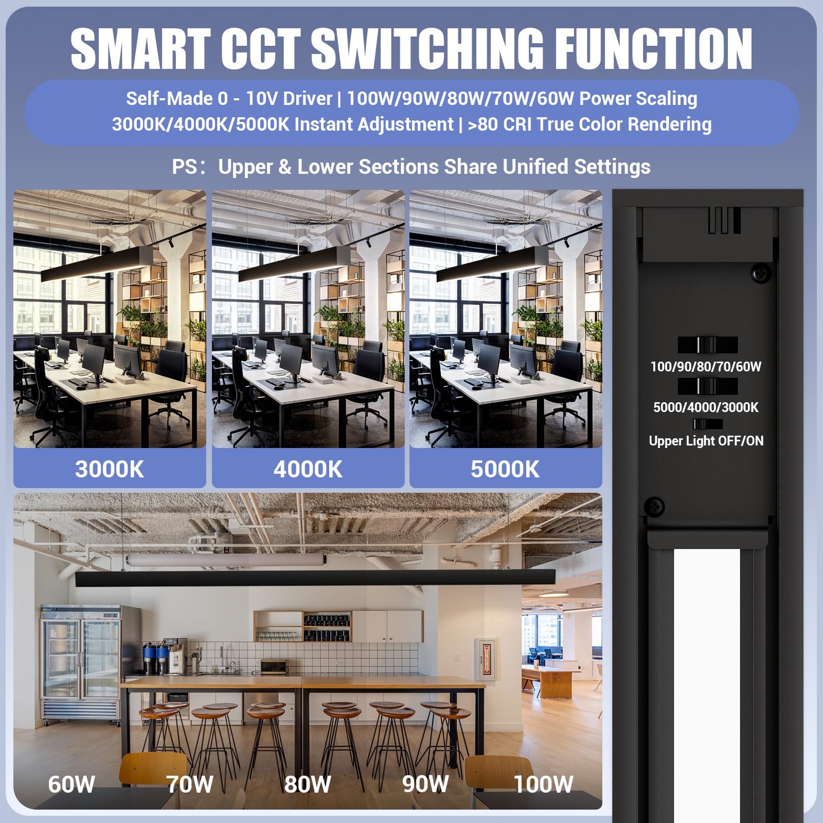 8FT LED Linear Light,100/90/80/70/60W Up and Down Light, 3000/4000/5000K CCT,Commercial And Residential Linear Lights Fixture for Office,Pendant Lights for Home,Shop,Garage,Basement,School-4Pack - Image 7