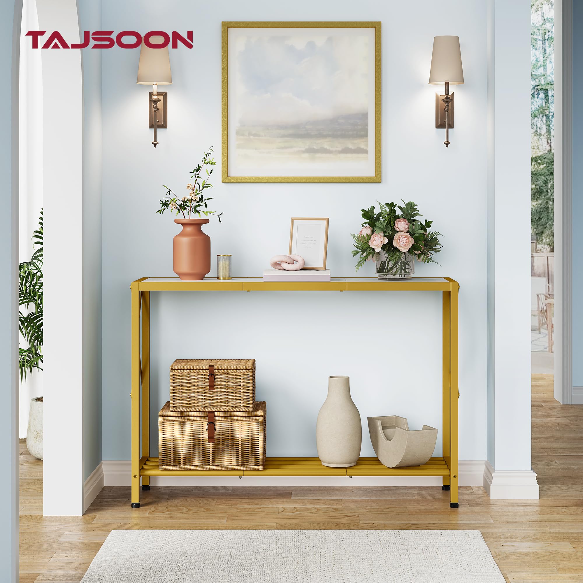 Stunning Gold White 2 Tier Entryway Console Table with Shelves 41.8 Inch Narrow Sofa Table - Image 7