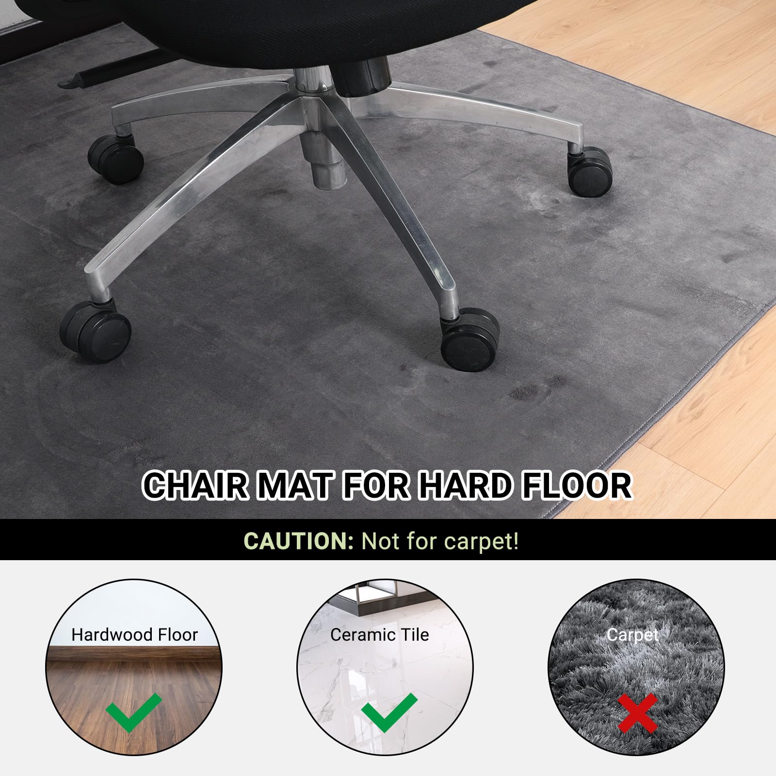 QQpony 63"x51" Office Chair Mat for Hardwood Floor, Flannel Fabric Desk Rug for Hard Surface, Protector Floor Mat for Home Office (Grey) - Image 7
