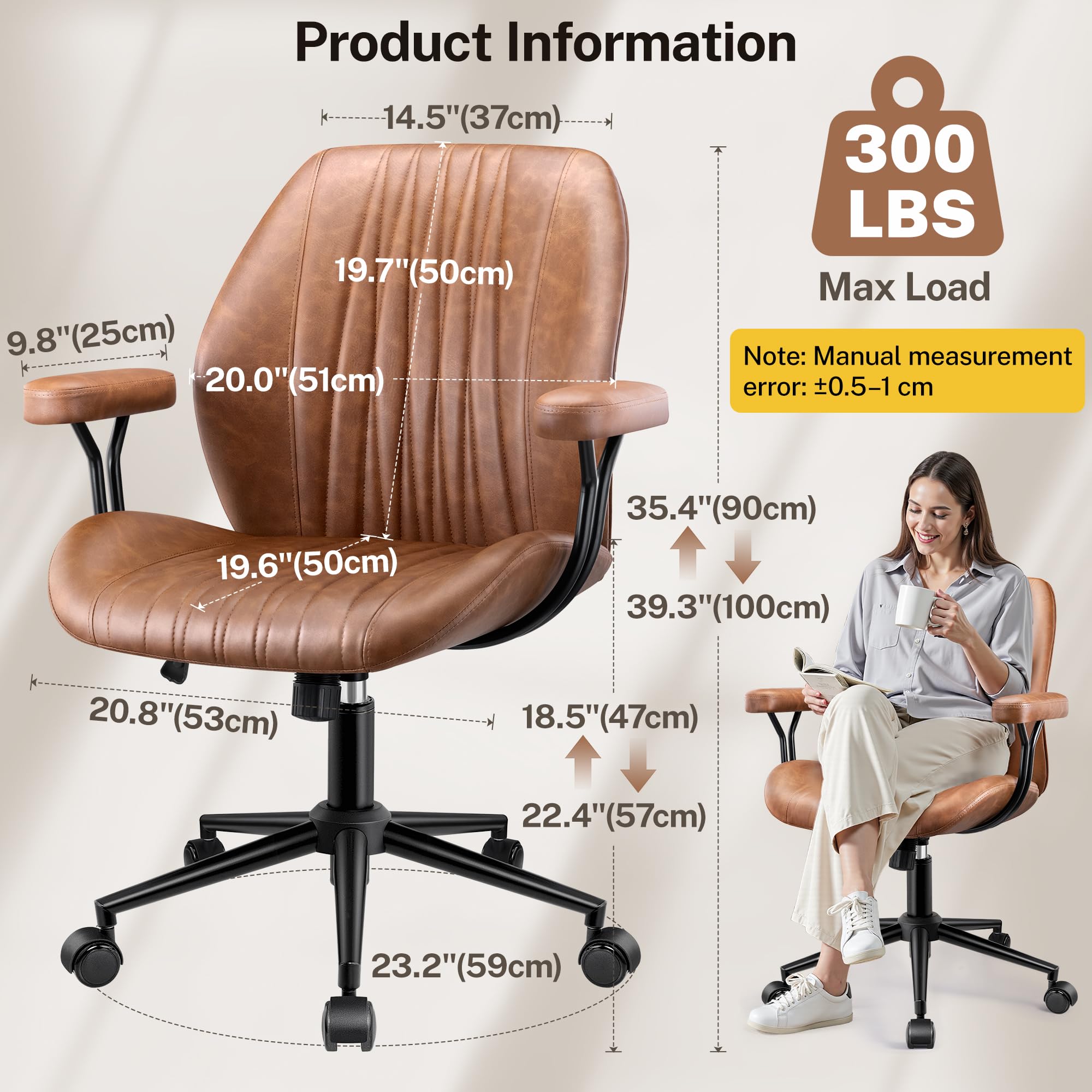 HeroSet Leather Office Chair with Removable Armrests, Mid Back Ergonomic Desk Chair with Lumbar Support, Adjustable Height Rocking Swivel Executive Chair for Home Office, Brown - Image 8