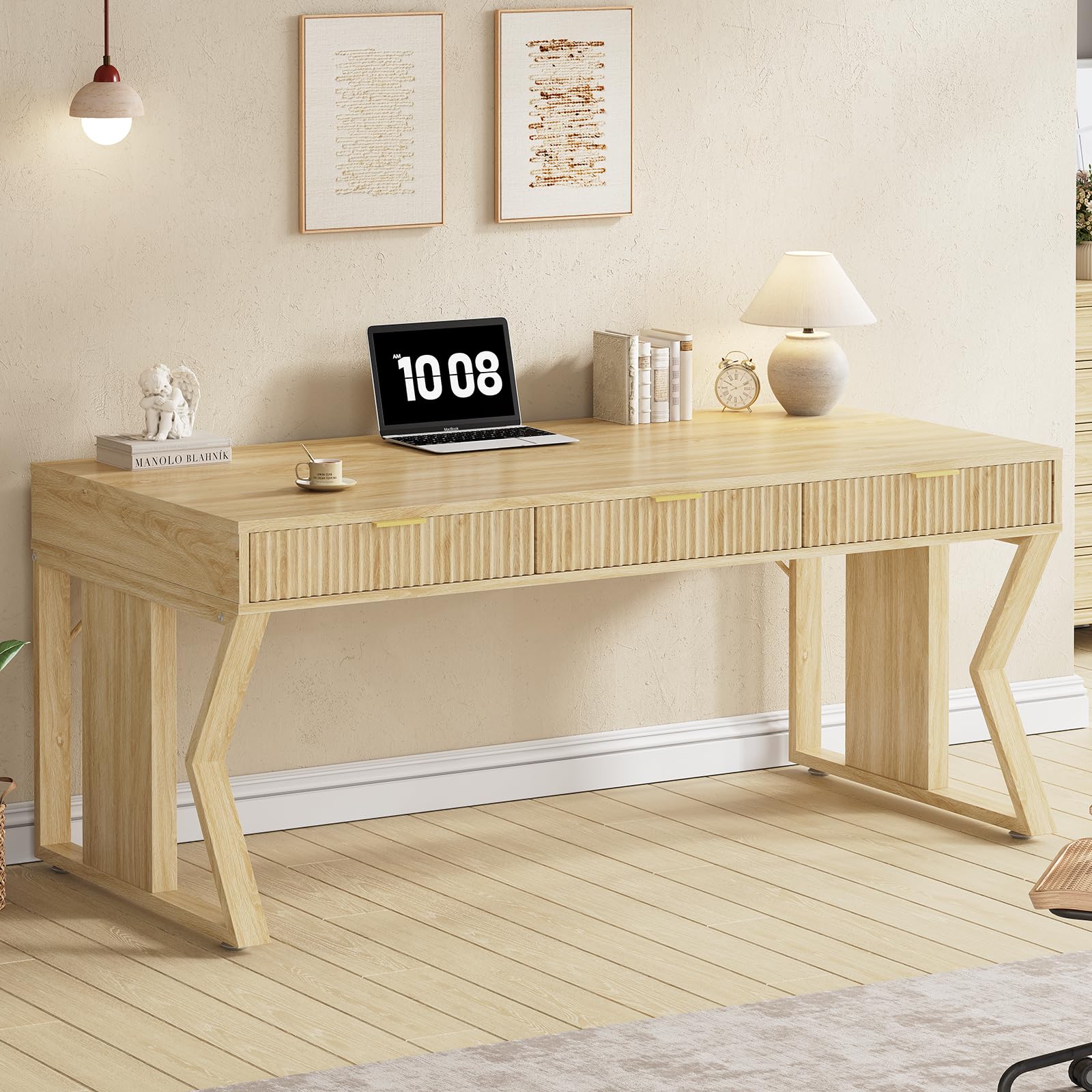 SEDETA 55" Executive Office Desk with 3 Drawers, Home Office Desk with Storage Drawers, Computer Writing Desk Study Table, Natural Oak - Image 6