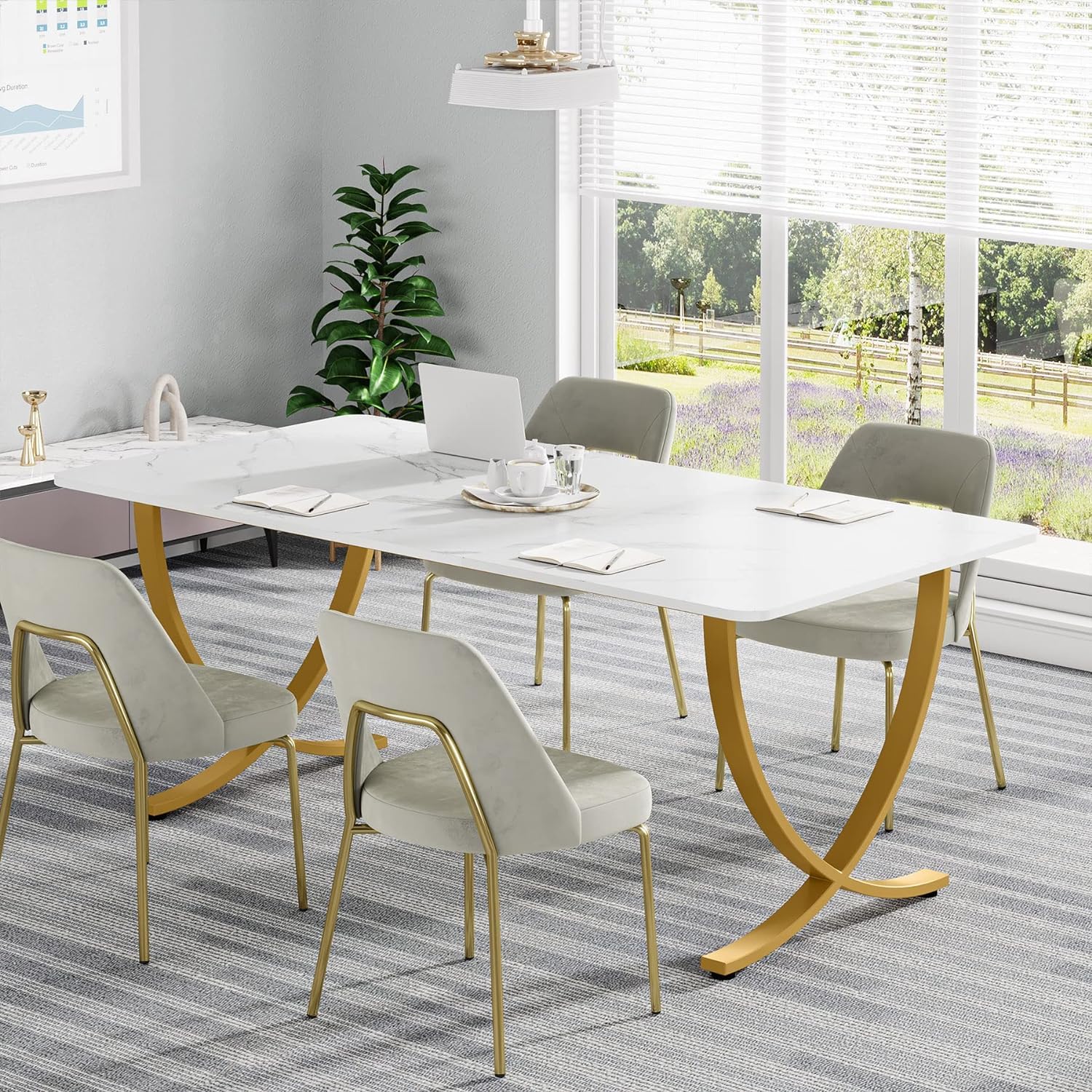 Tribesigns Executive Desk, 63” W x 31.5” D Large Office Desk, Modern Computer Desk Conference Table Meeting Room Table, Business Furniture for Home Office, White and Gold - Image 4