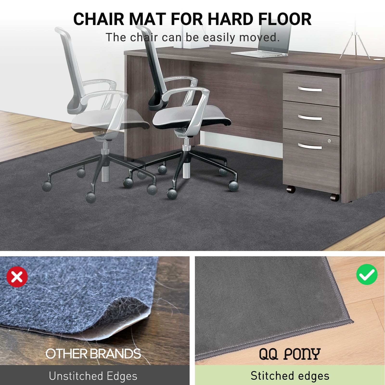 QQpony 63"x51" Office Chair Mat for Hardwood Floor, Flannel Fabric Desk Rug for Hard Surface, Protector Floor Mat for Home Office (Grey) - Image 6