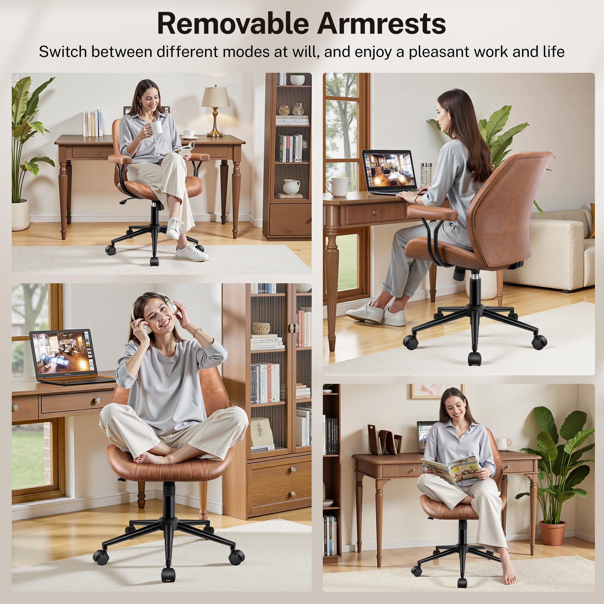 HeroSet Leather Office Chair with Removable Armrests, Mid Back Ergonomic Desk Chair with Lumbar Support, Adjustable Height Rocking Swivel Executive Chair for Home Office, Brown - Image 4