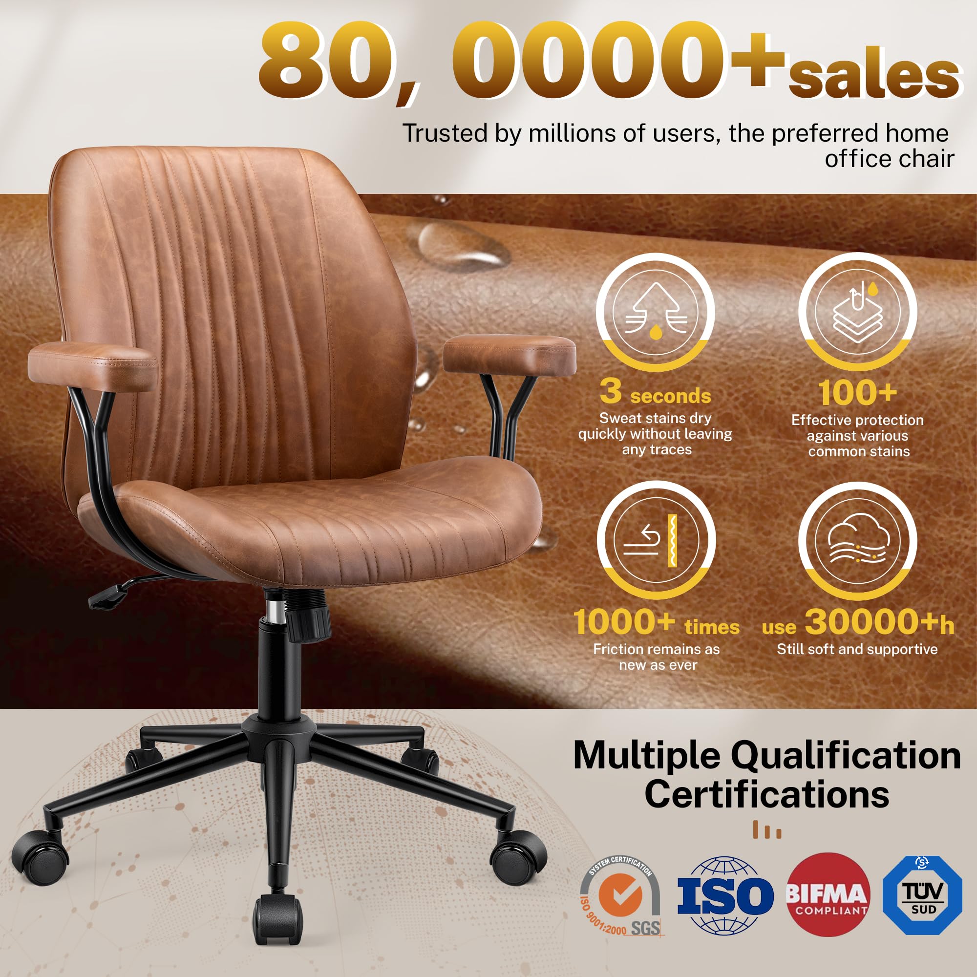 HeroSet Leather Office Chair with Removable Armrests, Mid Back Ergonomic Desk Chair with Lumbar Support, Adjustable Height Rocking Swivel Executive Chair for Home Office, Brown - Image 7