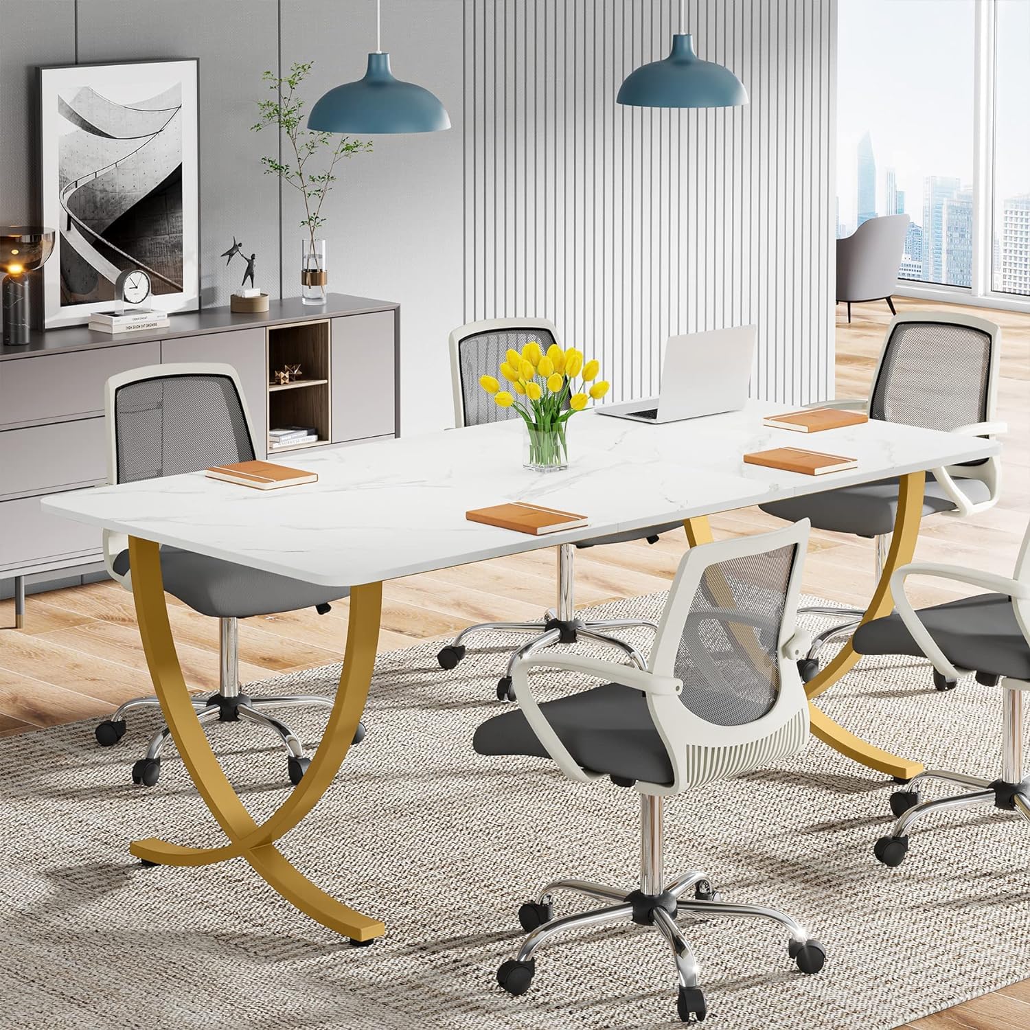 Tribesigns Executive Desk, 63” W x 31.5” D Large Office Desk, Modern Computer Desk Conference Table Meeting Room Table, Business Furniture for Home Office, White and Gold - Image 7