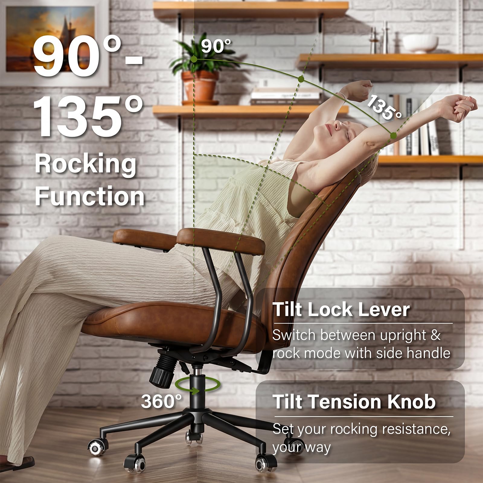 JULYMON Brown Leather Office Desk Chair with Quiet Rubber Wheels, Height Adjustable, Padded Arms, Vintage Mid Century Office Chair, Retro Style Desk Chair - Image 2