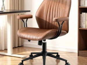 HeroSet Leather Office Chair with Removable Armrests, Mid Back Ergonomic Desk Chair with Lumbar Support, Adjustable Height Rocking Swivel Executive Chair for Home Office, Brown