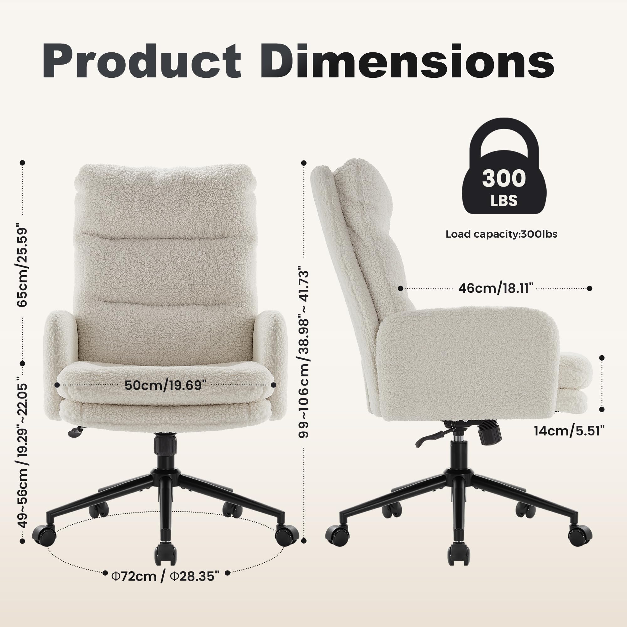 IWMH High-Back Home Office Chair,Upholstered Desk Chair with Armrests,Height Adjustable Armchair with Wheels, Swivel Office Desk Chair, Ergonomic Computer Task Chair, Leisure Armchair Cashmere(White) - Image 8