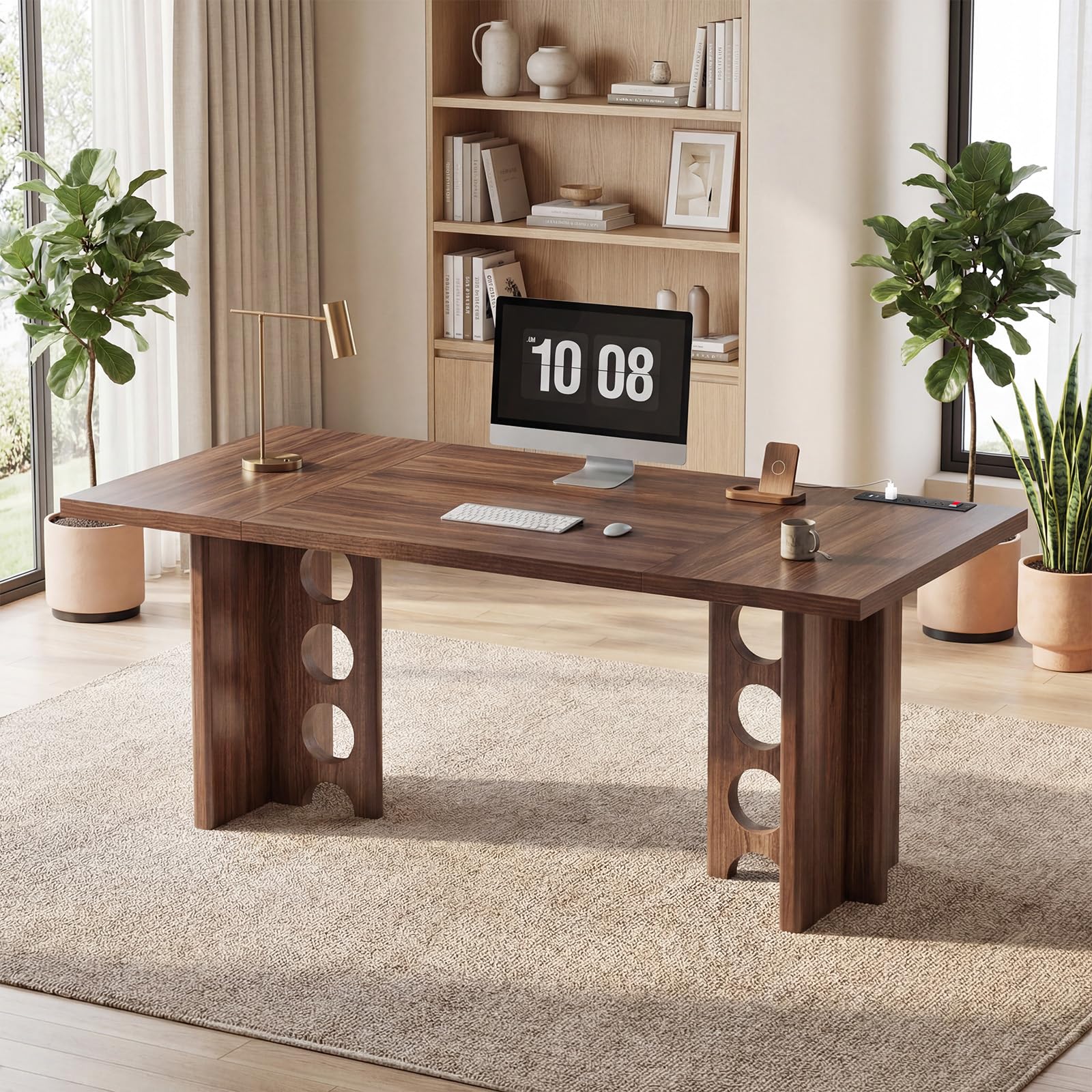 ANGRYWIN 63 Inch Executive Desk with Power Outlet, Modern Computer Office Desks, Large Laptop Desk Writing Table Workstation Business Furniture for Home Office, Brown - Image 2