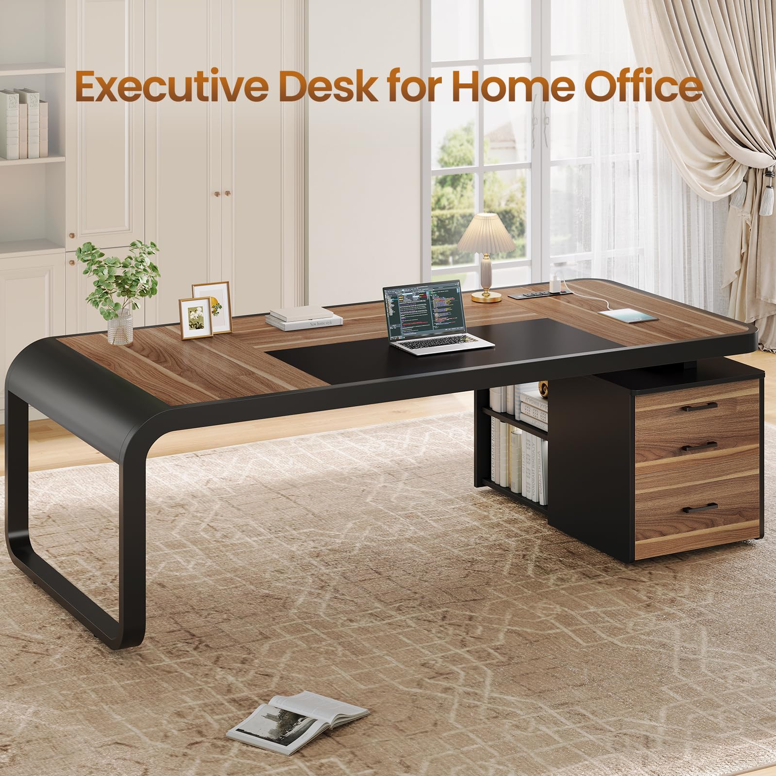 Itaar 70.9" Executive Desk, Large Computer Desk with Drawers and Lateral File Cabinet, Office Desk with Removable Shelves, Business Furniture Desk Workstation for Home Office, Walnut - Image 7