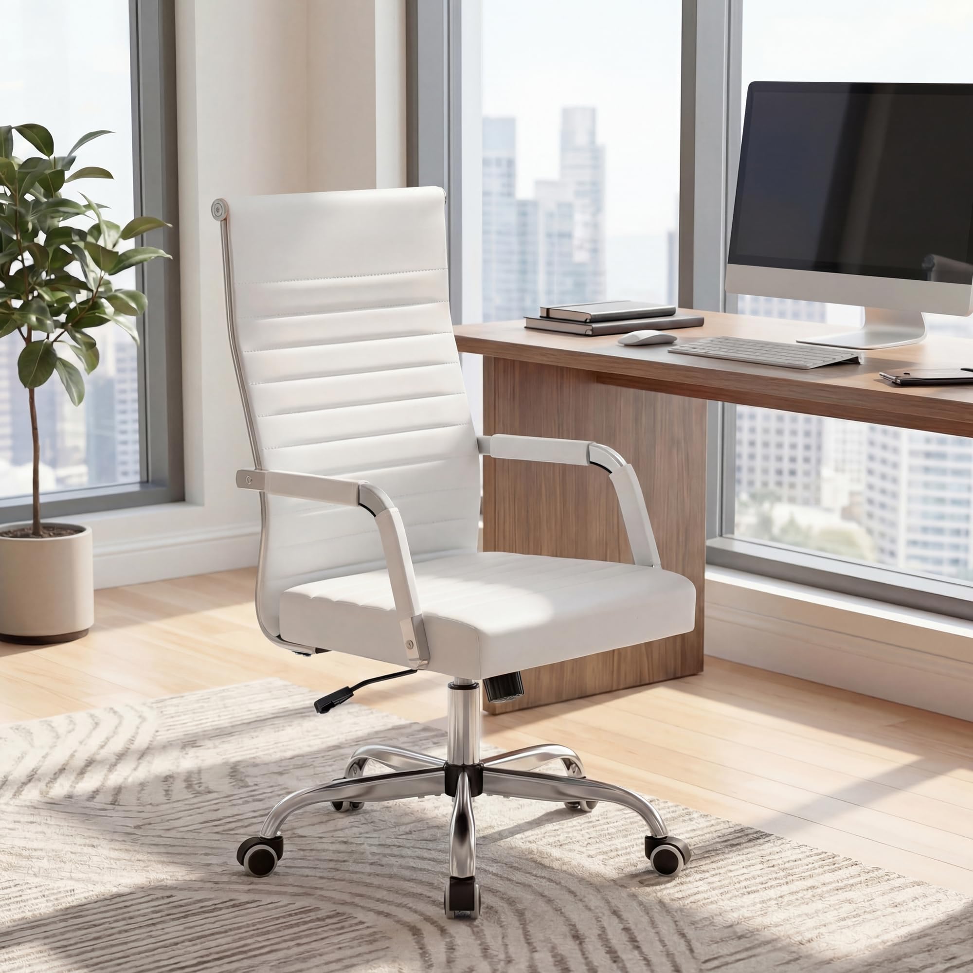 Furmax Ergonomic Office Desk Chair, Executive Ribbed Mid-Back PU Leather Conference Room Chair Adjustable Swivel Chair with Arms (1, White) - Image 8