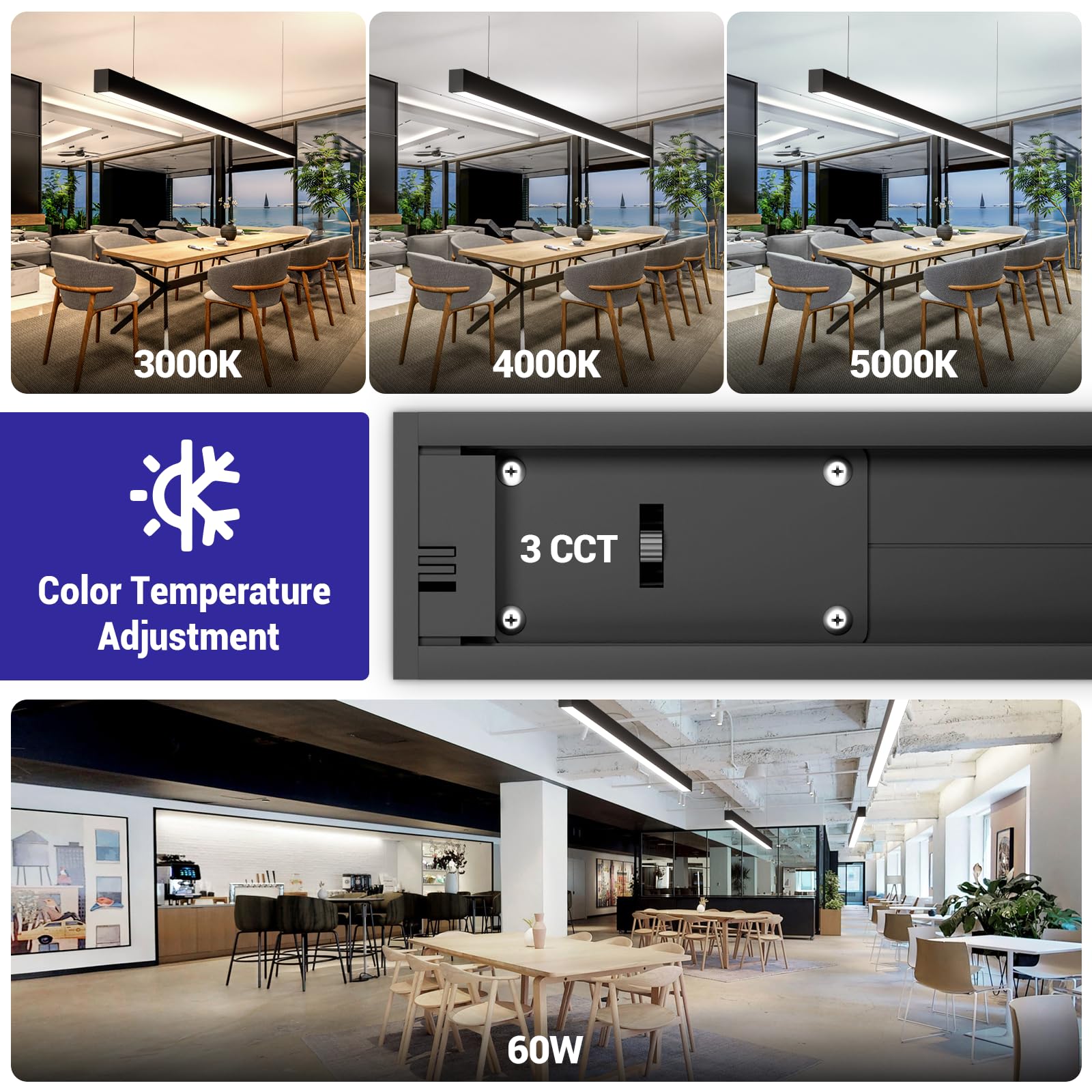 JTT 8FT LED Linear Light Fixture, 60W 3CCT 3000K/4000K/5000K CCT Selectable, Linkable Office Shop Light Fixture, ETL Listed Dimmable Architectural LED Suspension Office Lighting Fixture-4 Pack - Image 6